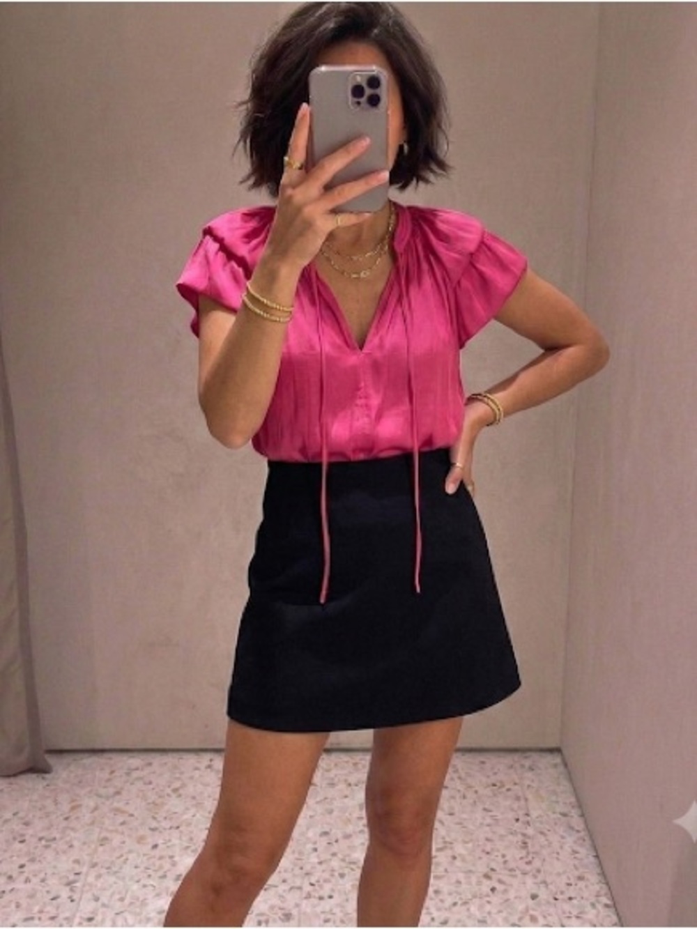 Catherine Malandrino Hot Pink Tie-Neck Flutter Sleeve Blouse